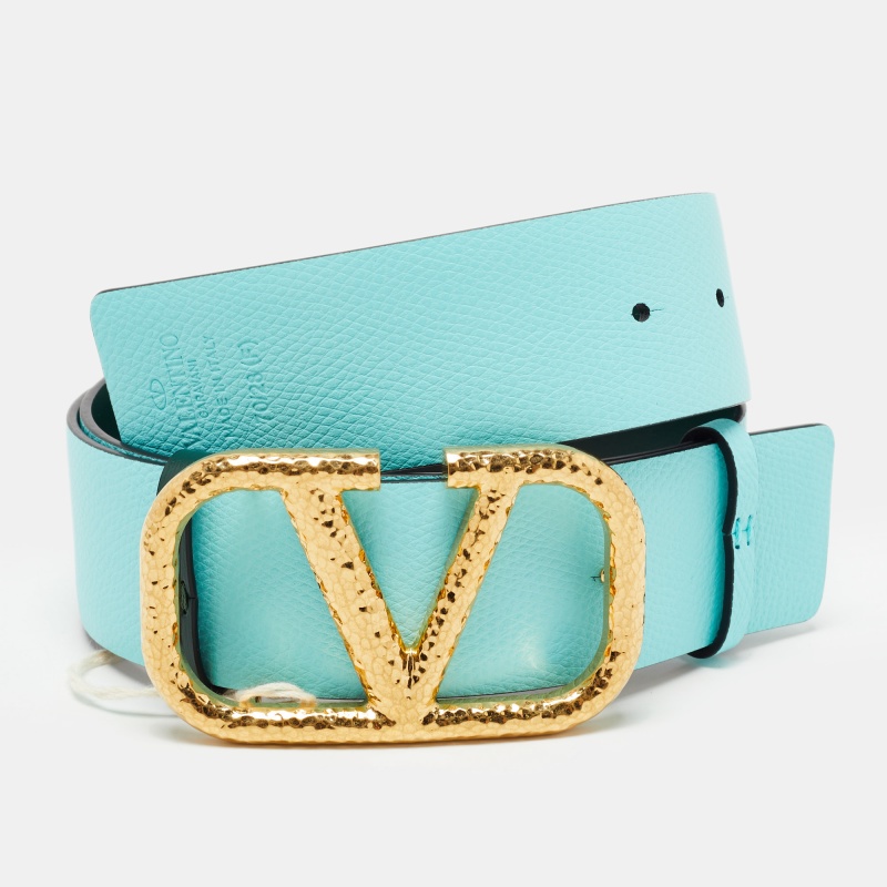 

Valentino Blue/Green Leather VLogo Reversible Buckle Belt