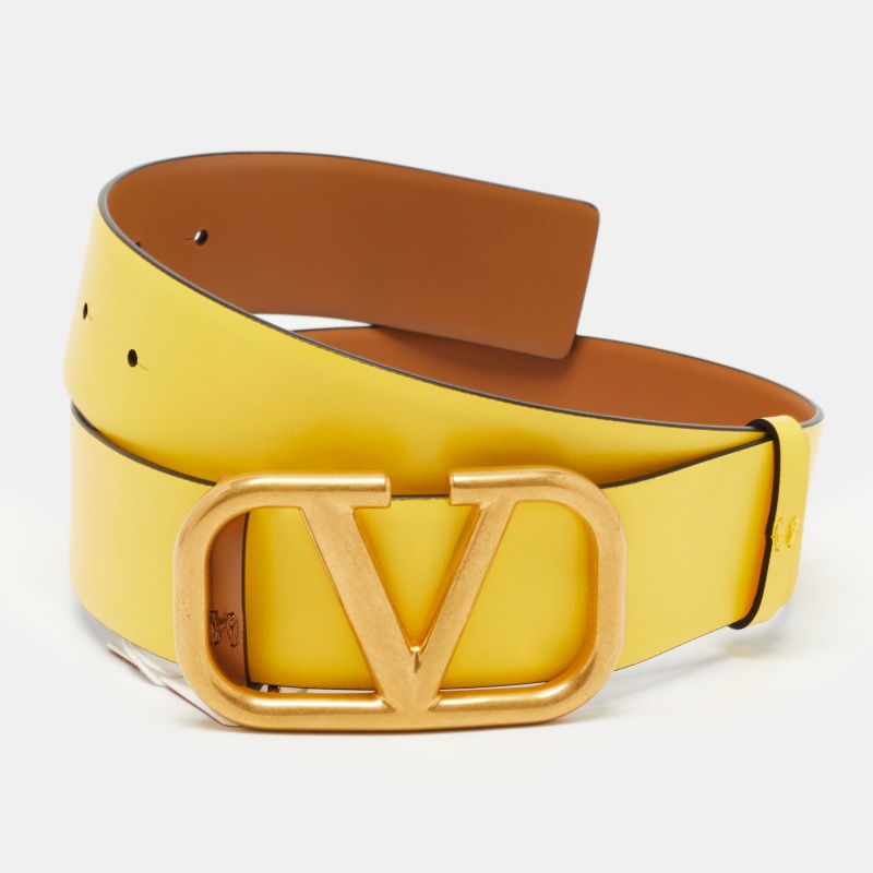 Pre-owned Valentino Garavani Yellow Leather Vlogo Signature Reversible Belt 65cm