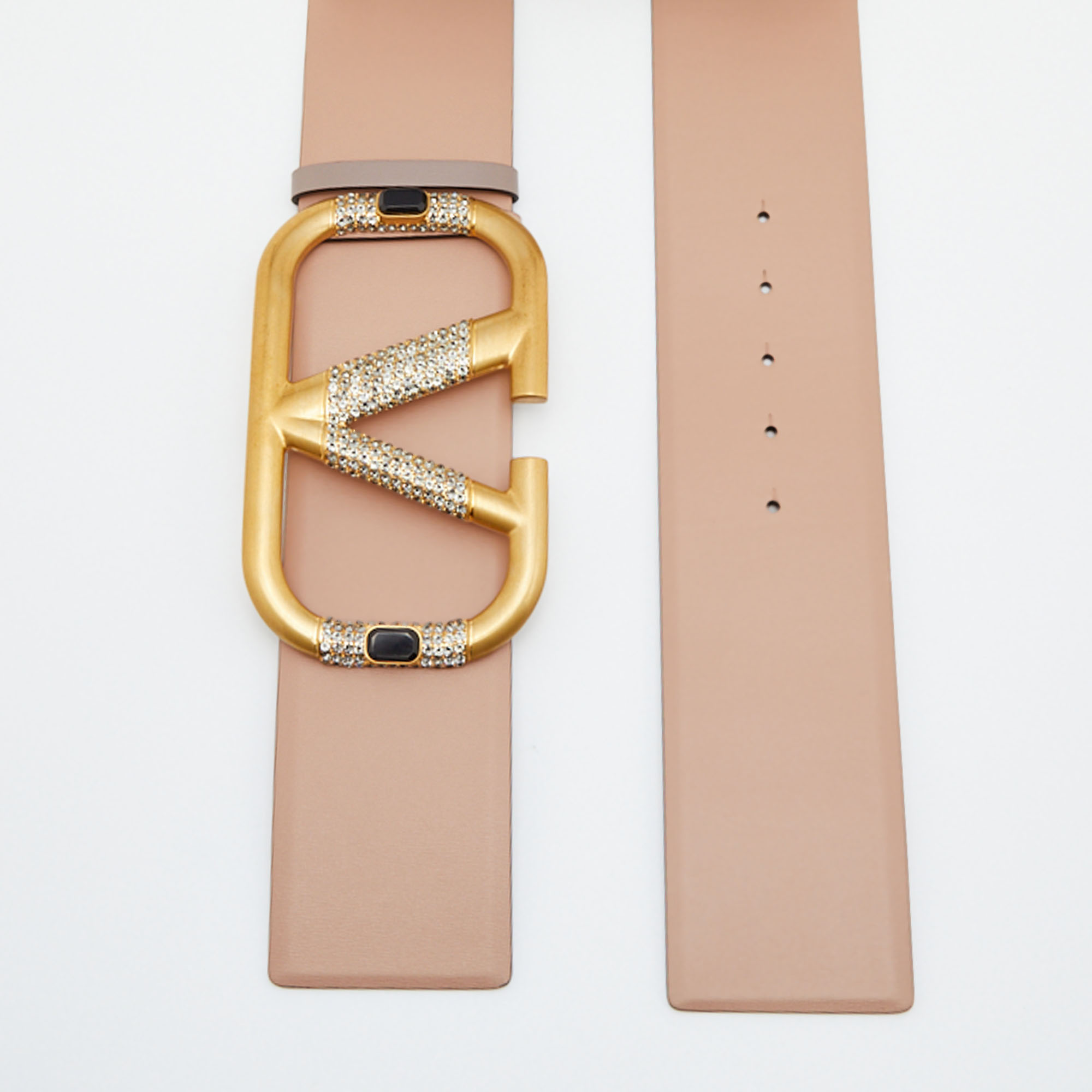 

Valentino Beige/Grey Leather Crystal Embellished V Logo Reversible Belt