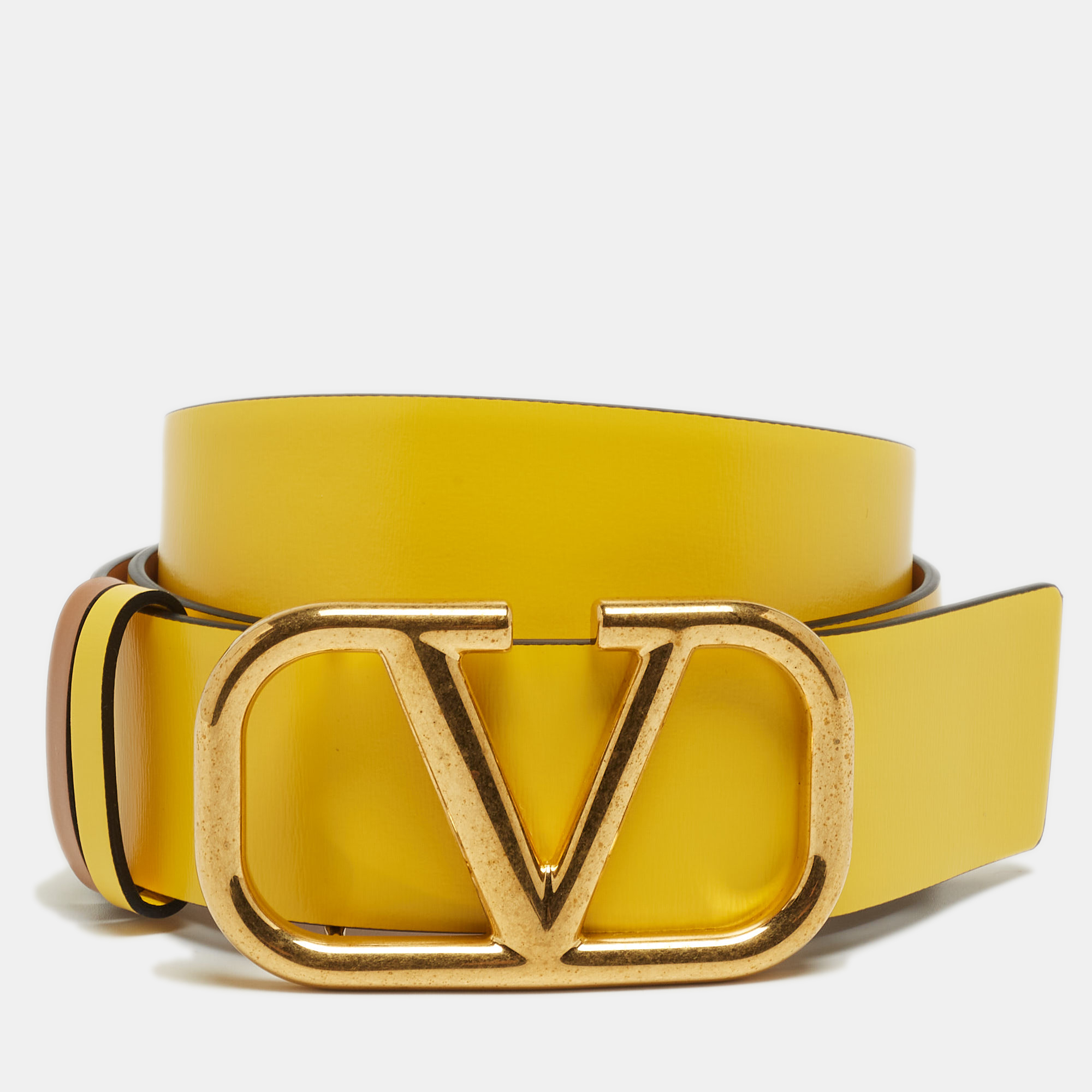 

Valentino Beige/Yellow Leather VLogo Reversible Belt, Brown