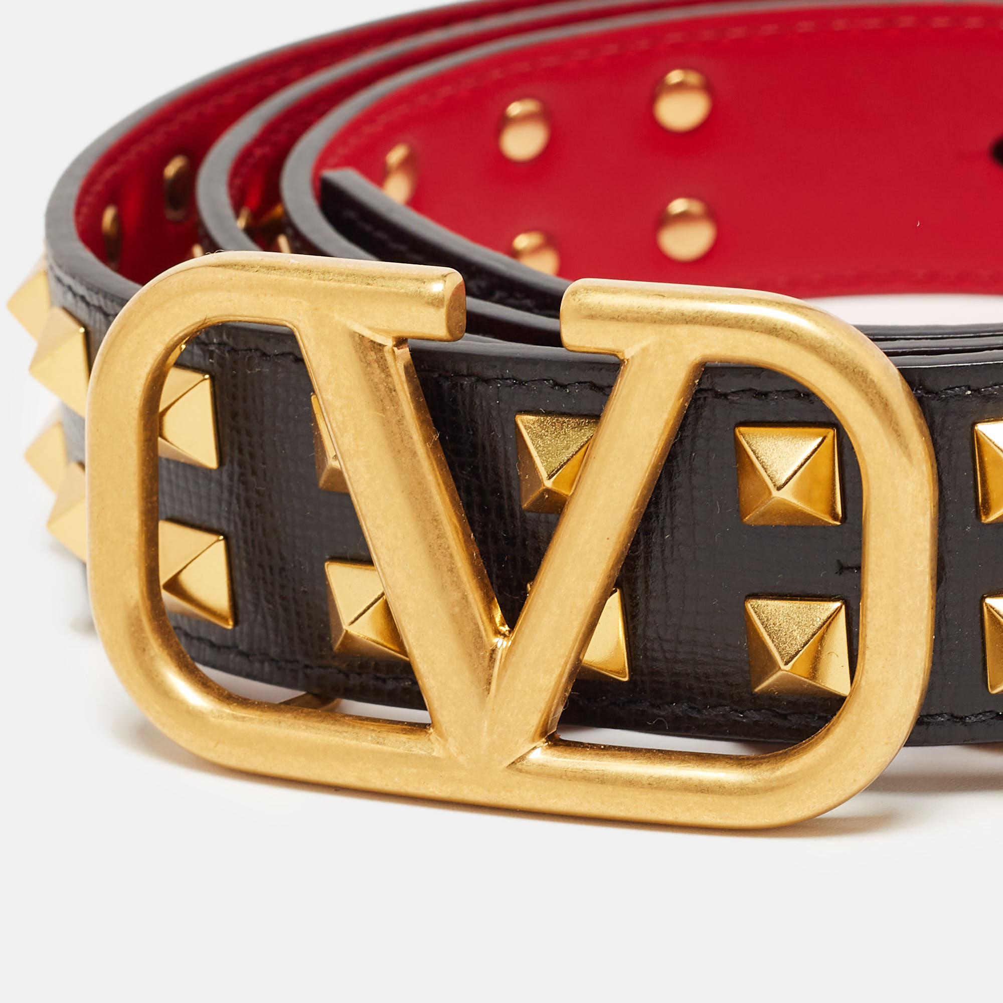 

Valentino Black/Red Leather VLogo Studded Belt