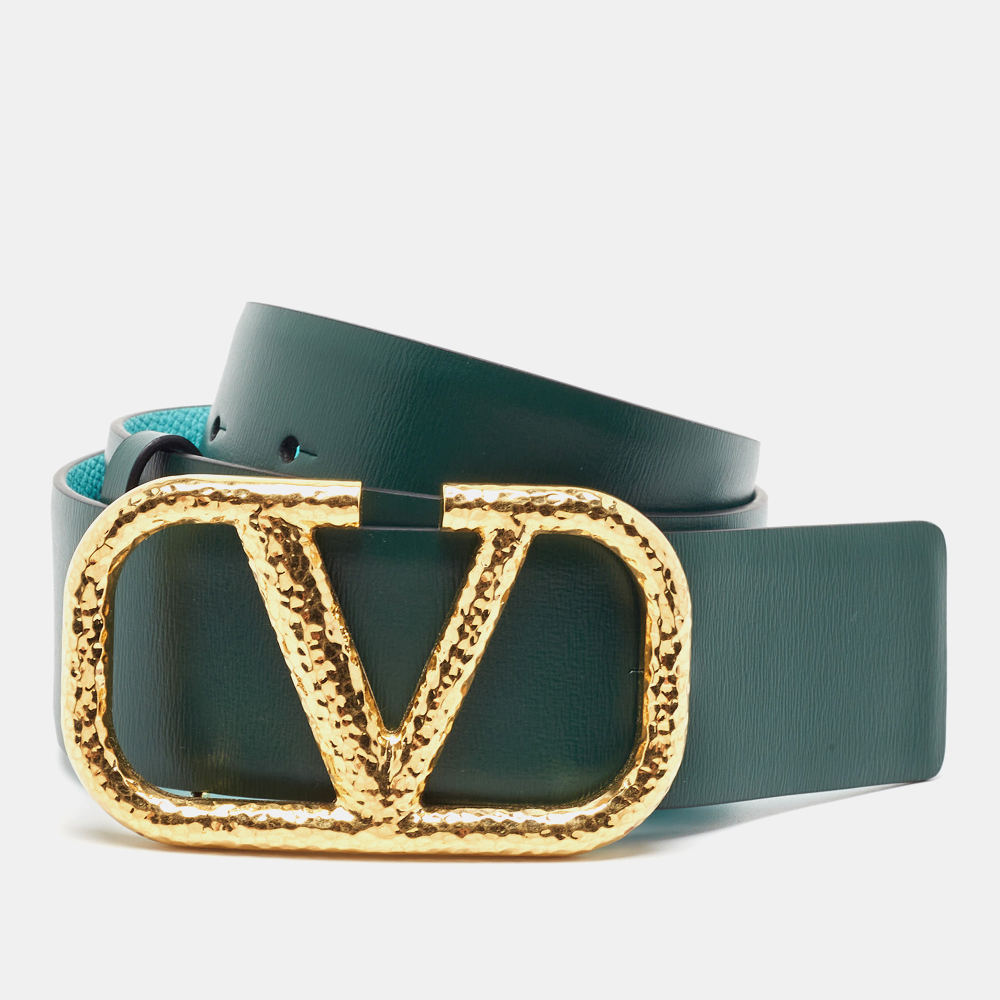 

Valentino Green/Turquoise Leather VLogo Reversible Belt