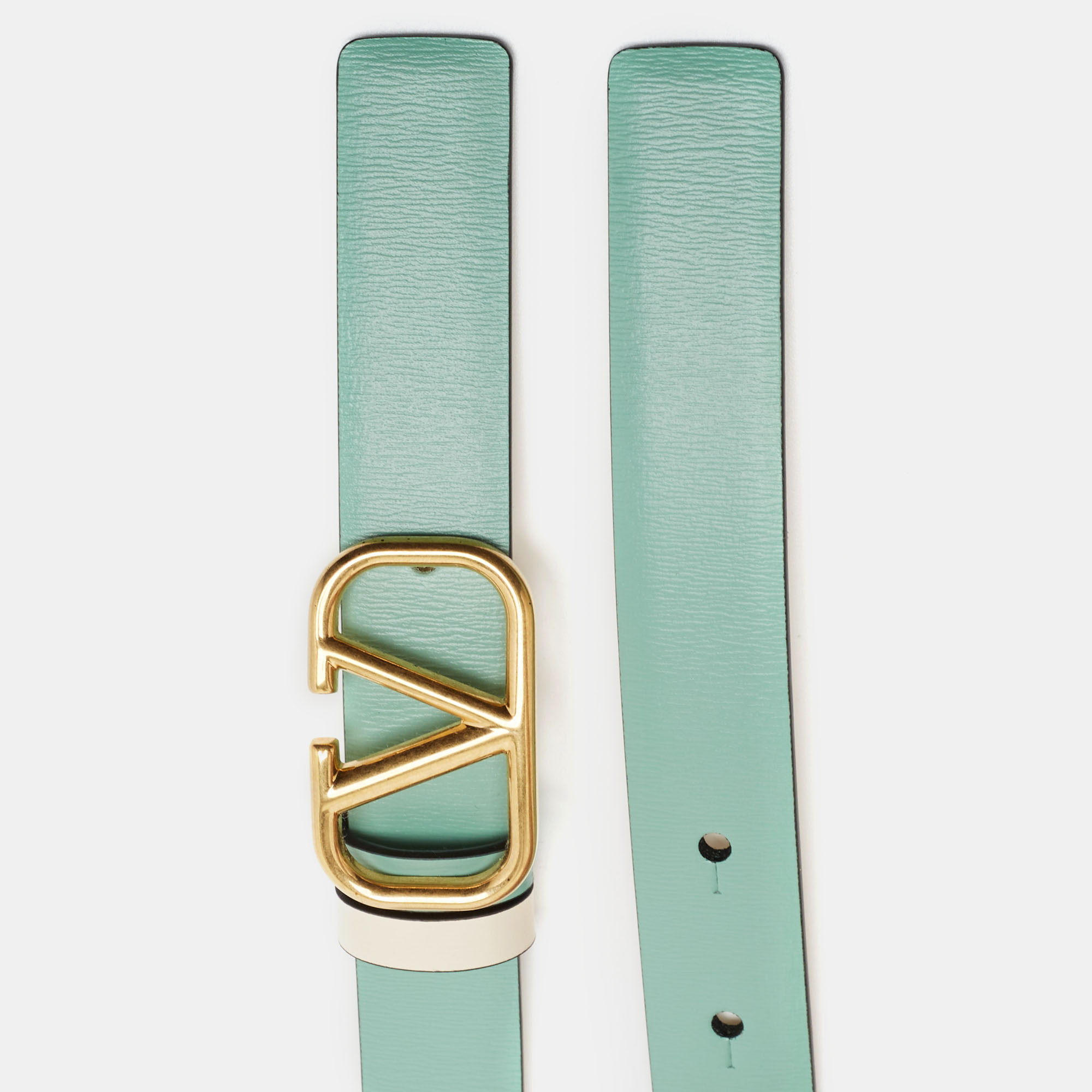 

Valentino Mint Green/White Leather VLogo Reversible Slim Belt