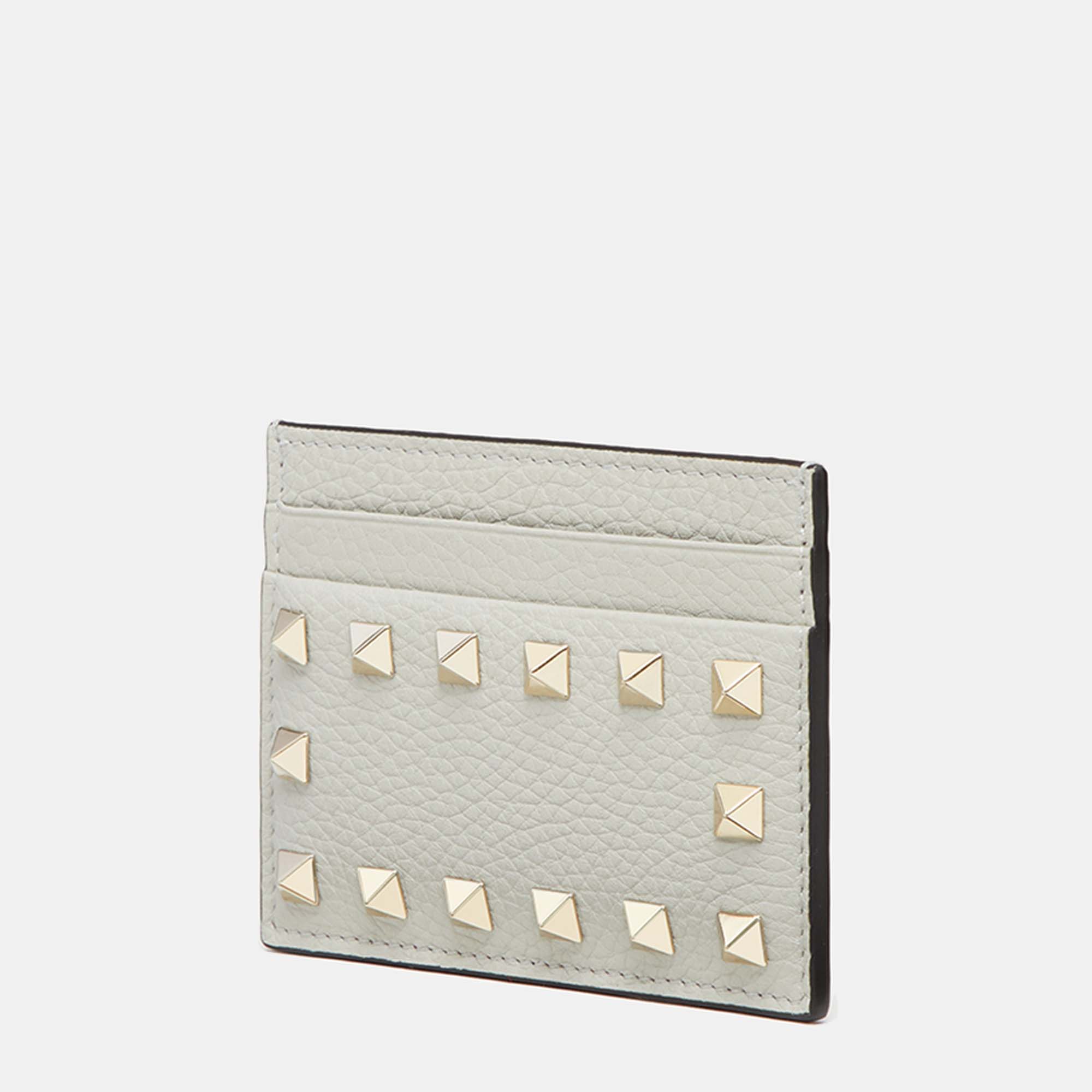 

Valentino Rockstud Leather Card Holder, Grey