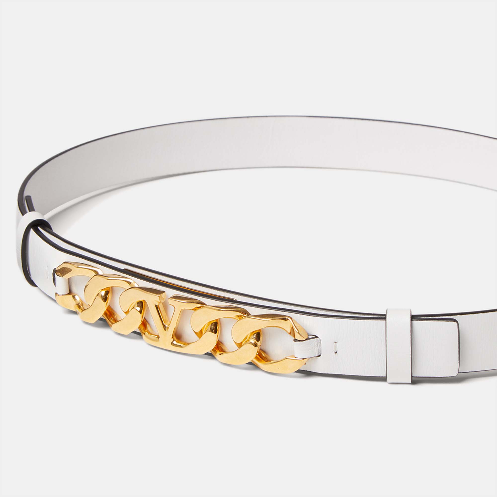 

Valentino Vlogo Chain Leather Gold Tone Belt, White