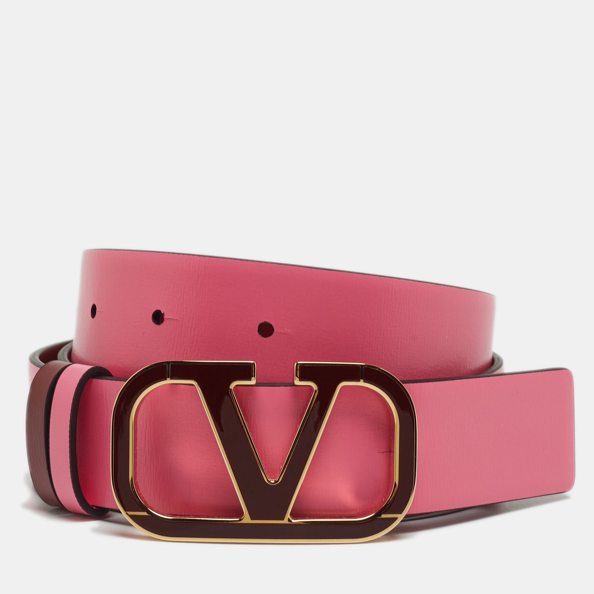 Pre Owned Valentino Pink/ Red Leather VLogo Reversible Belt 80CM