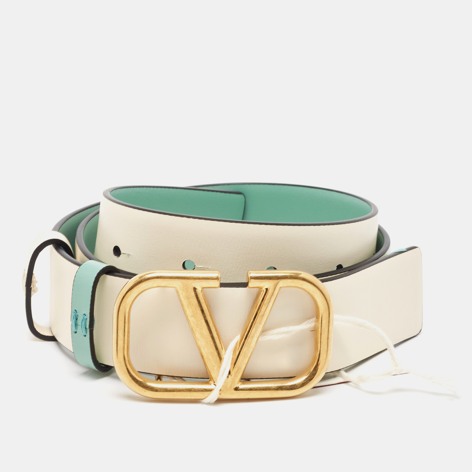 

Valentino Green/White Leather VLogo Reversible Belt