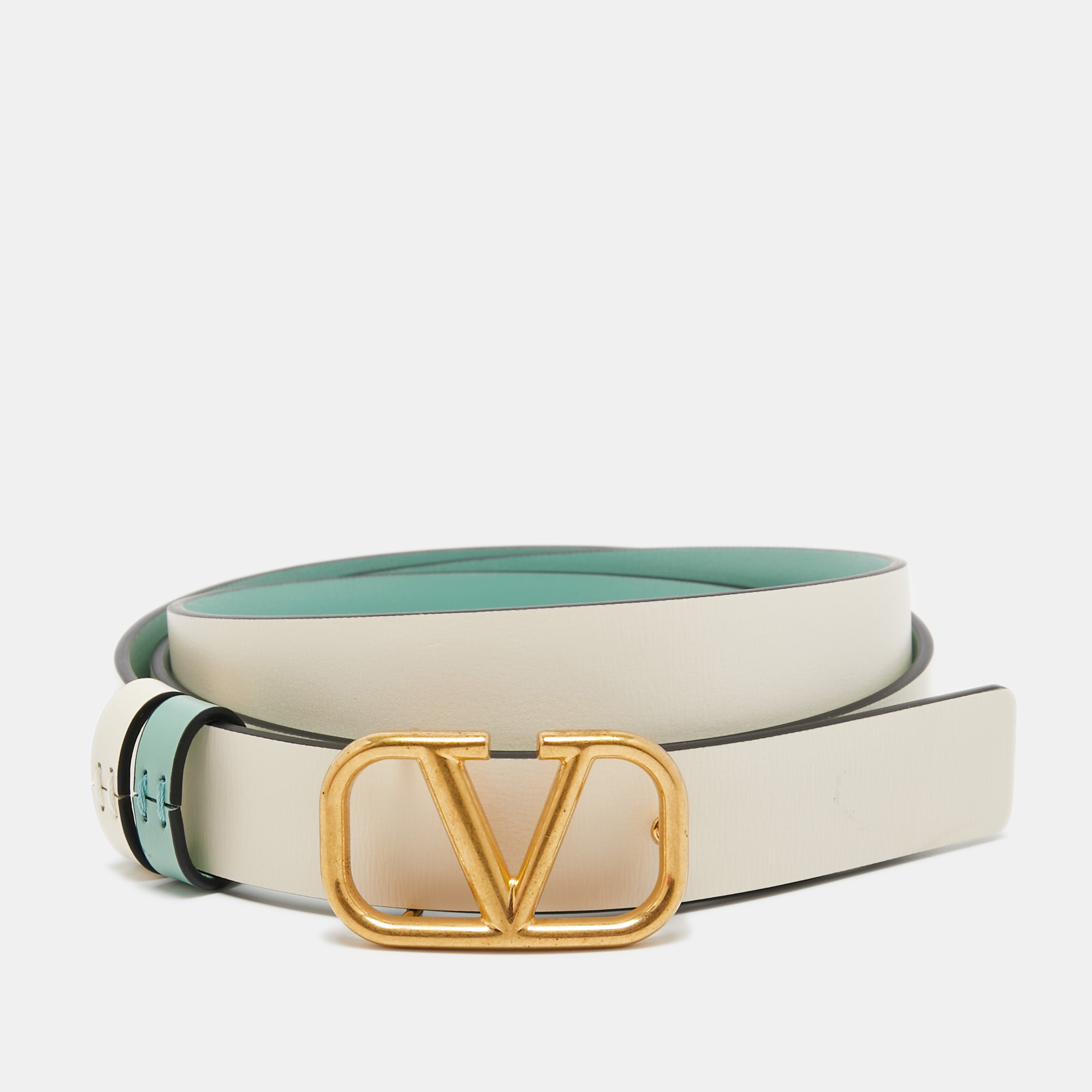 

Valentino Mint Green/Cream Leather VLogo Reversible Slim Belt