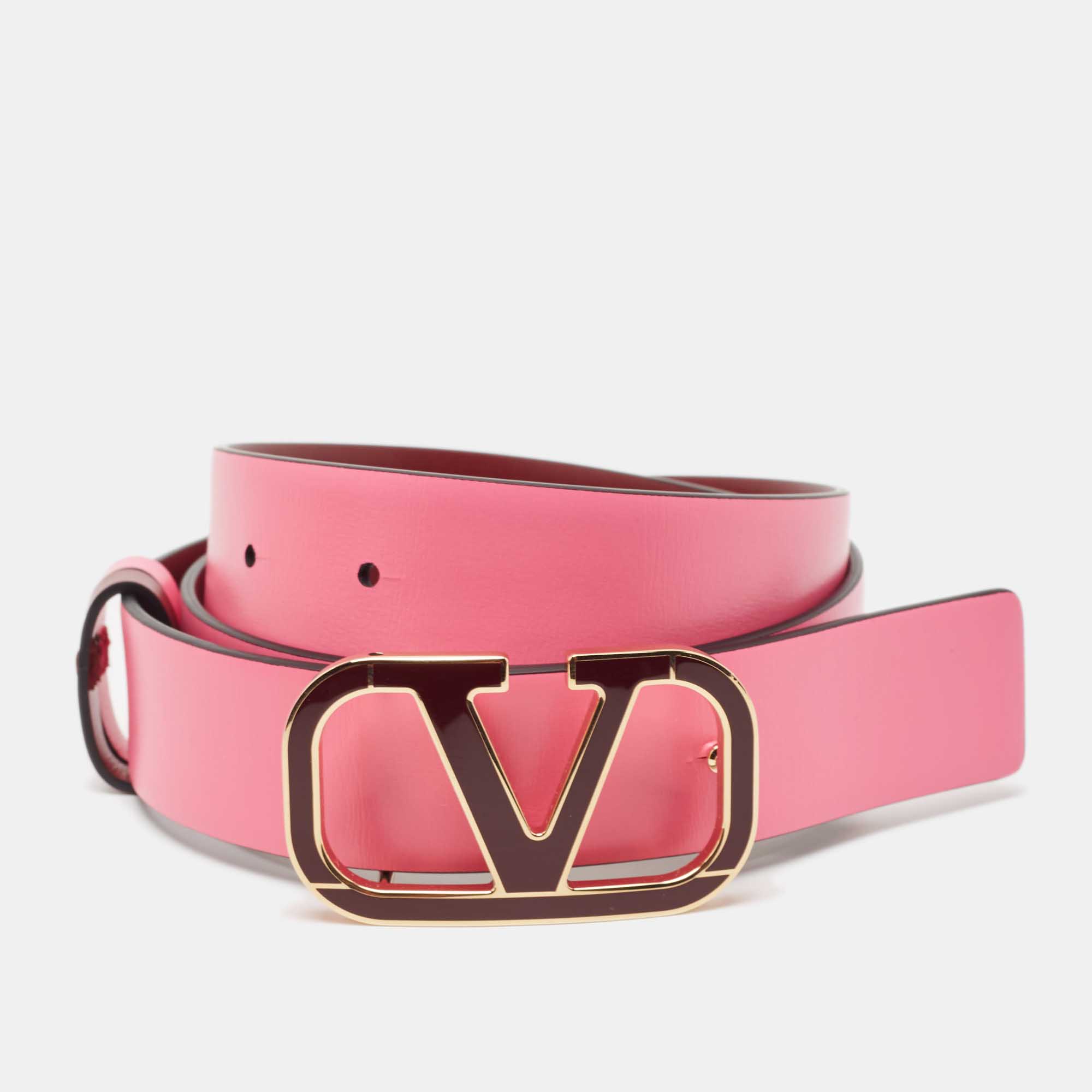 

Valentino Pink/Burgundy Leather VLogo Reversible Slim Belt