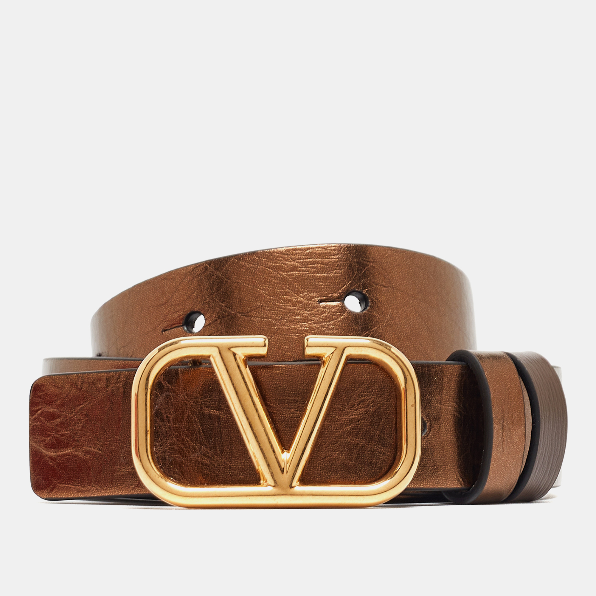 

Valentino Metallic/Brown Leather Reversible Narrow V Logo Belt