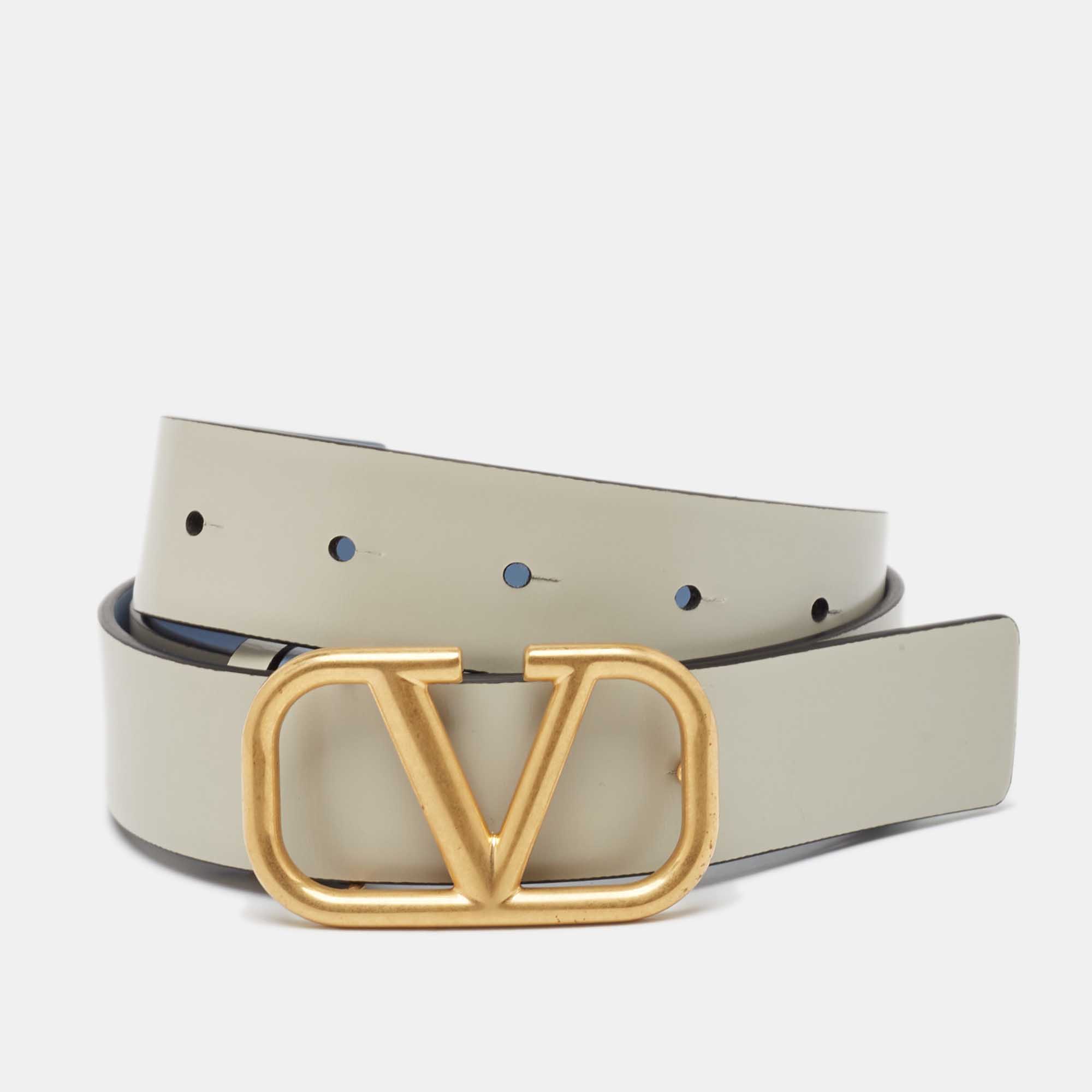 

Valentino Light Blue/Grey Leather Vlogo Reversible Belt