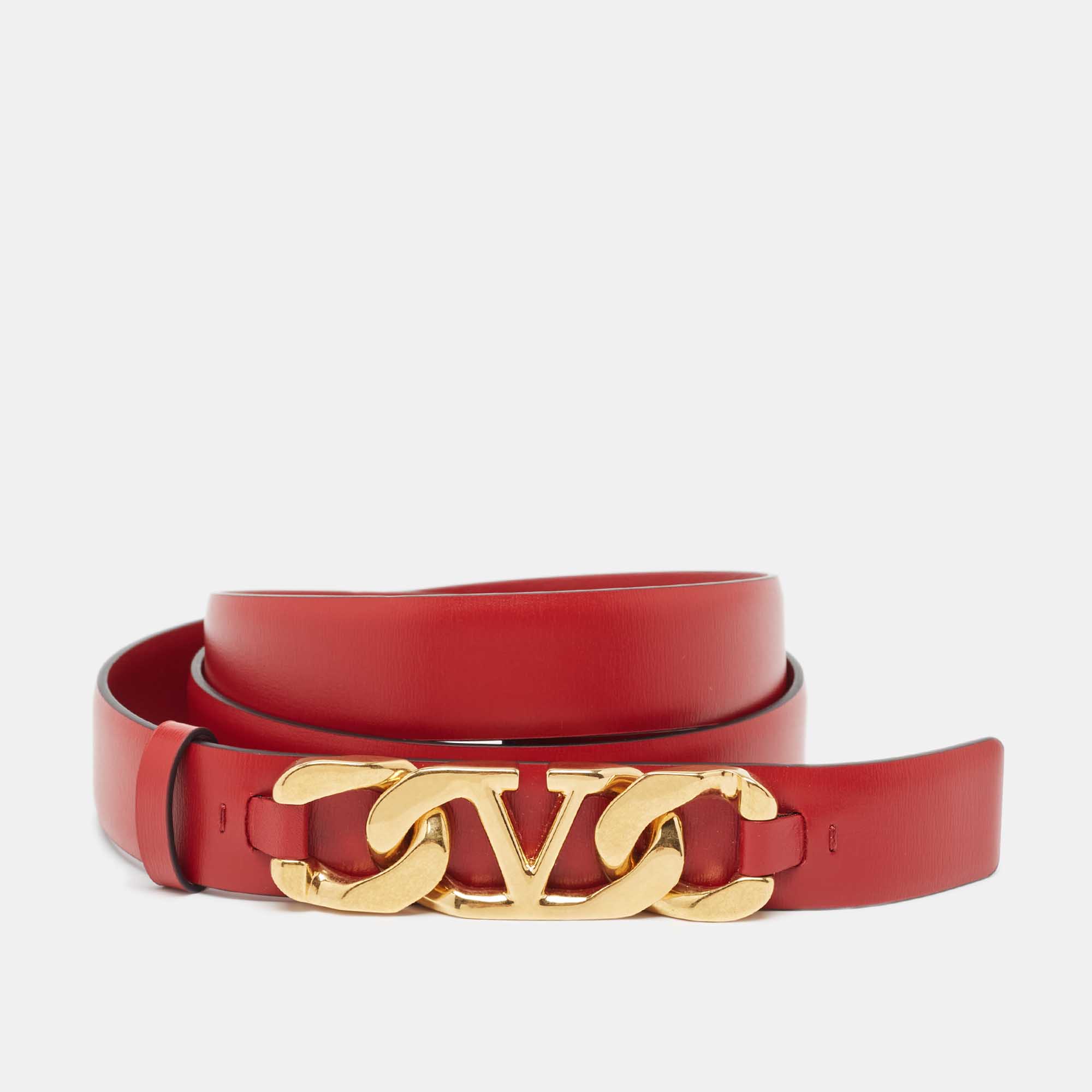 

Valentino Red Leather VLogo Chain Buckle Belt