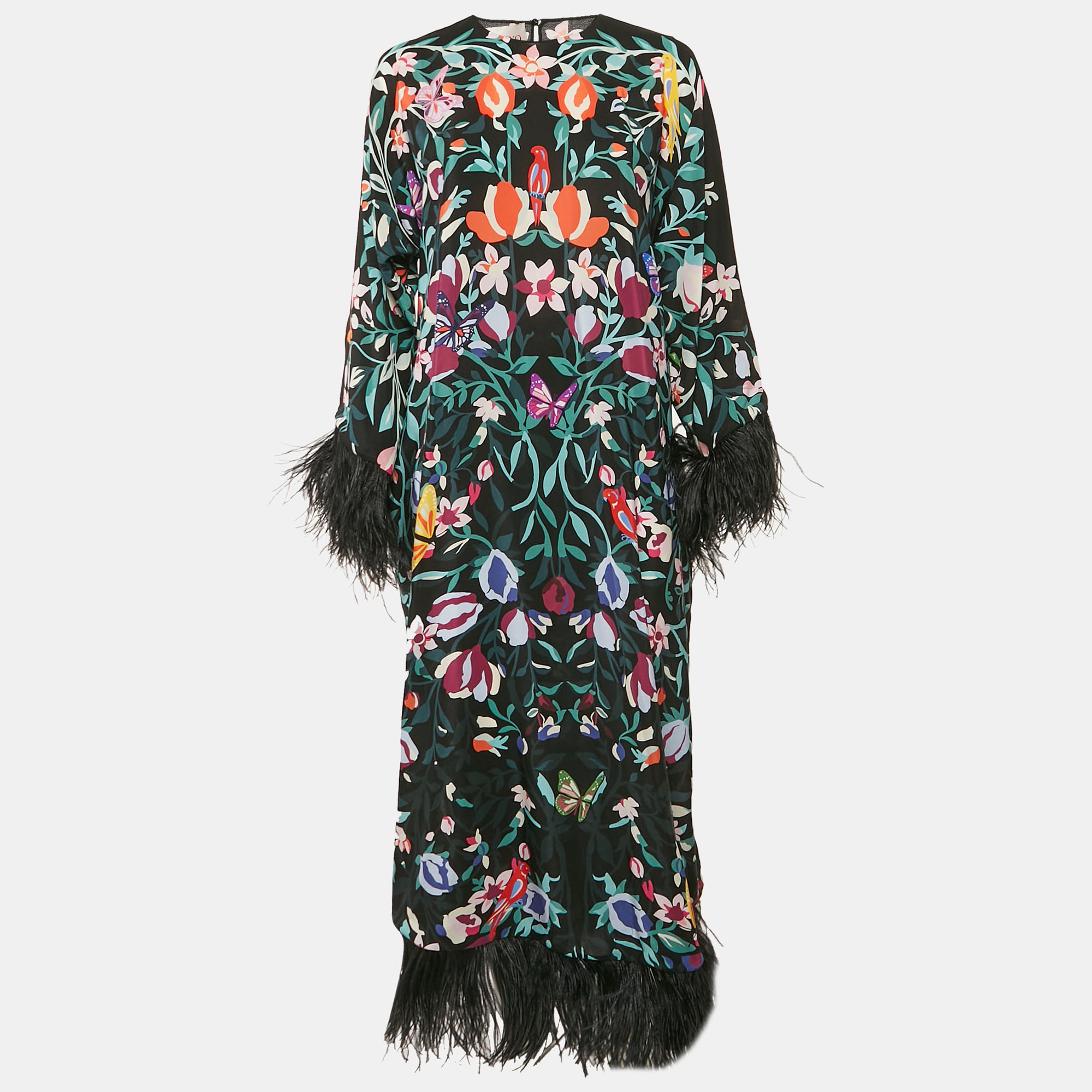 

Valentino Black Garden Print Silk Feather Trimmed Crepe De Chine Long Dress M