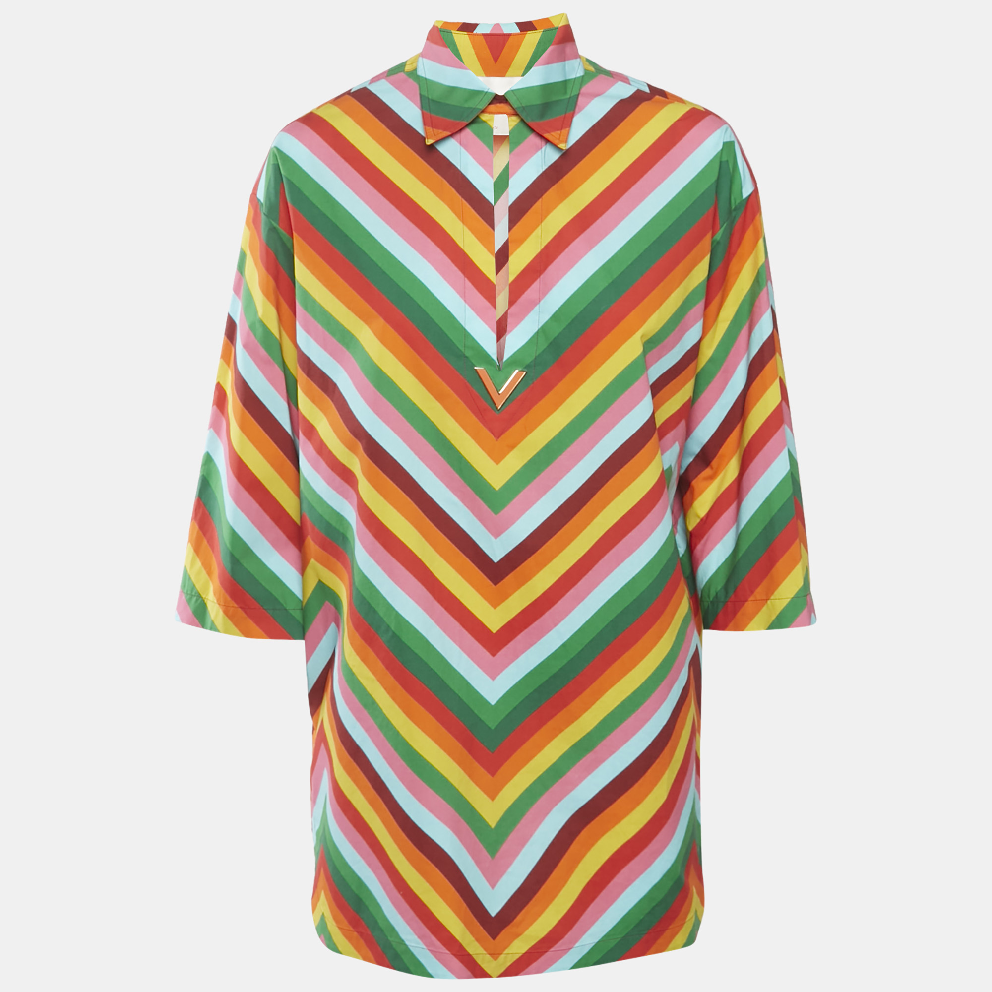 

Valentino Multicolor Archive 1973 Chevron Cotton Mini Shirt Dress XS