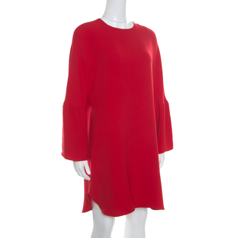 

Valentino Red Silk Crepe Cloche Sleeve Cocktail Shift Dress