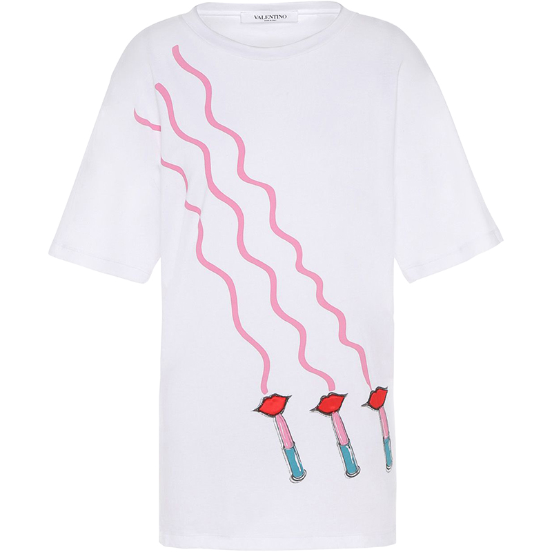 Pre Owned Valentino Bianco Lipstick Waves Printed Jersey Embroidery Crew Neck T-Shirt L