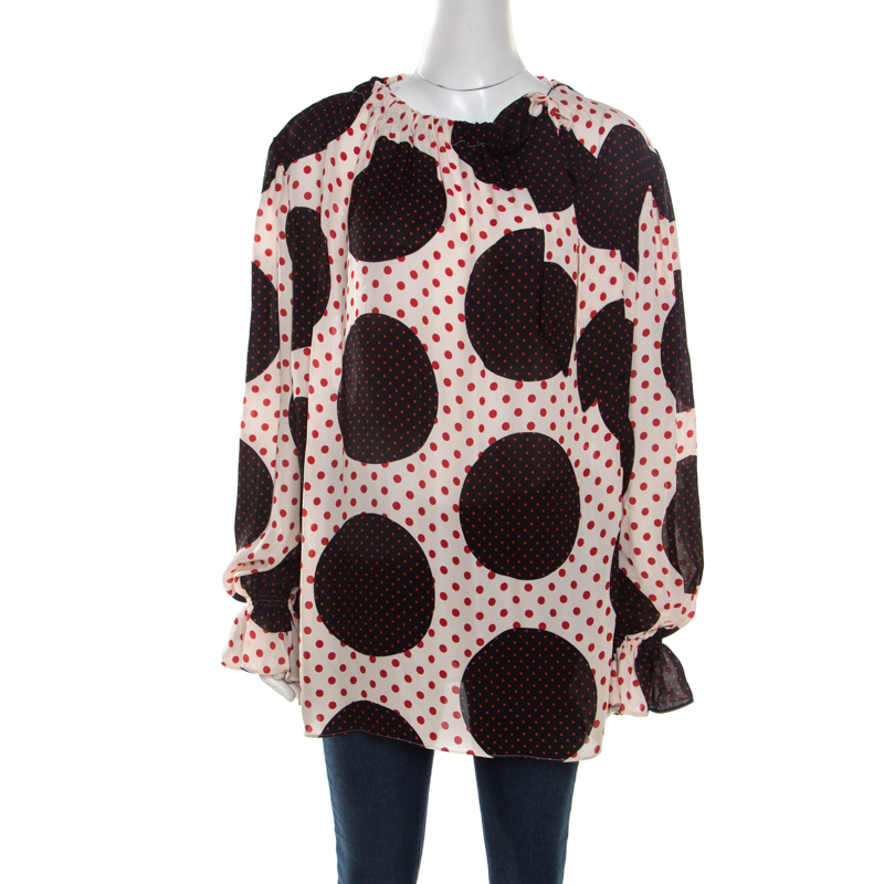 Pre Owned Valentino Avorio/Nero/Rosso Polka Dot Printed Silk Top M