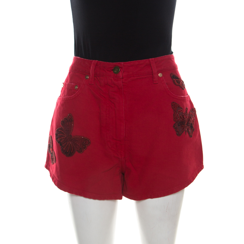 Valentino Rosso Denim Beaded Butterfly Embroidery Short S