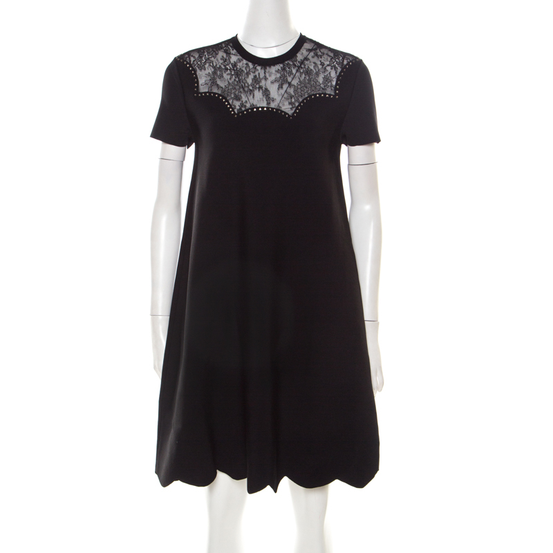 Pre Owned Valentino Black Lace Panels Scalloped Hem Rockstud Knit Dress M