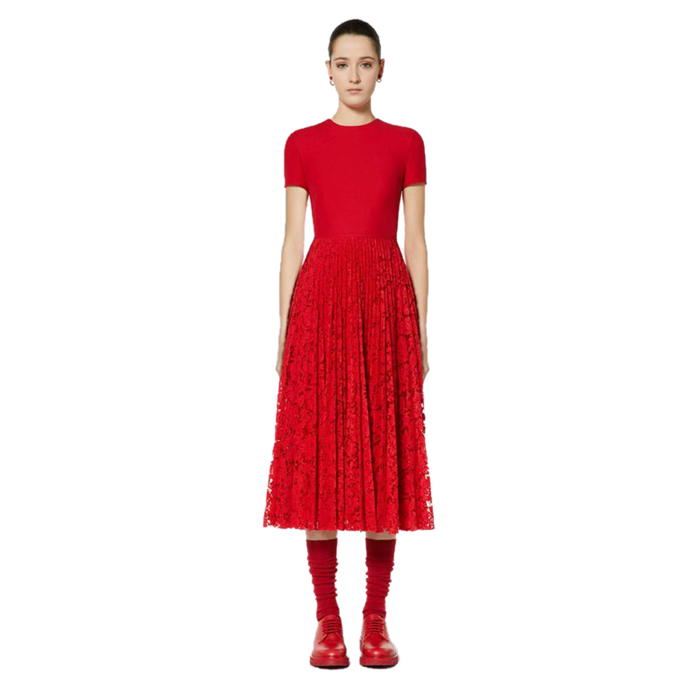 

Valentino Red Crepe Couture with Heavy Lace Pleated Dress Small / IT 40