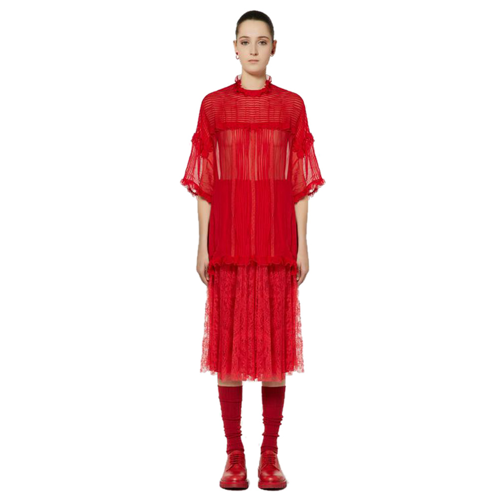 

Valentino Red Chiffon Lace and Ruffle Detail Pleated Top Medium / IT 44