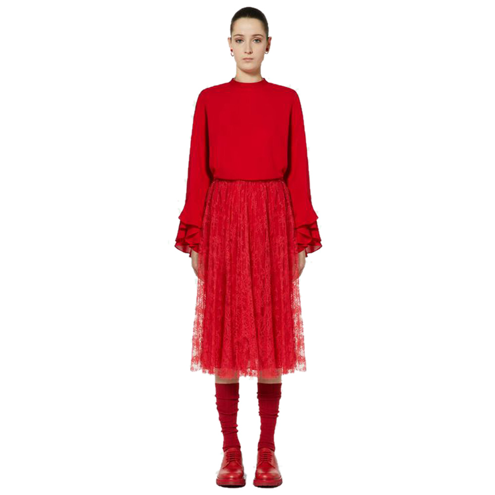 

Valentino Red Pleated Chantilly Lace Skirt