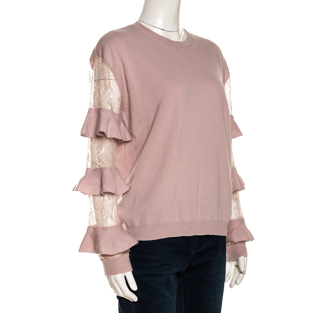 

Valentino Pink Wool Ruffle Lace-Sleeve Jumper