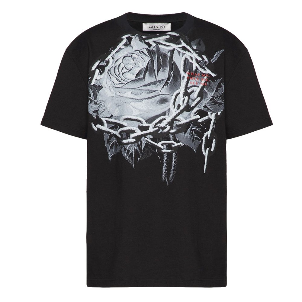 Pre Owned Valentino Black Chain Rose by Undercover Print Jersey Crew Neck T Shirt S