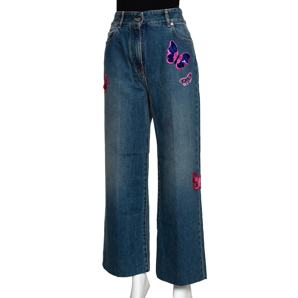 

Valentino Blue Denim Embroidered Butterfly Flared Leg Jeans Small (Size