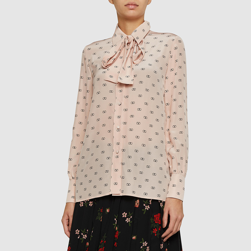 

Valentino Pink V-Logo Printed Pussy Bow Silk Blouse Size IT 40