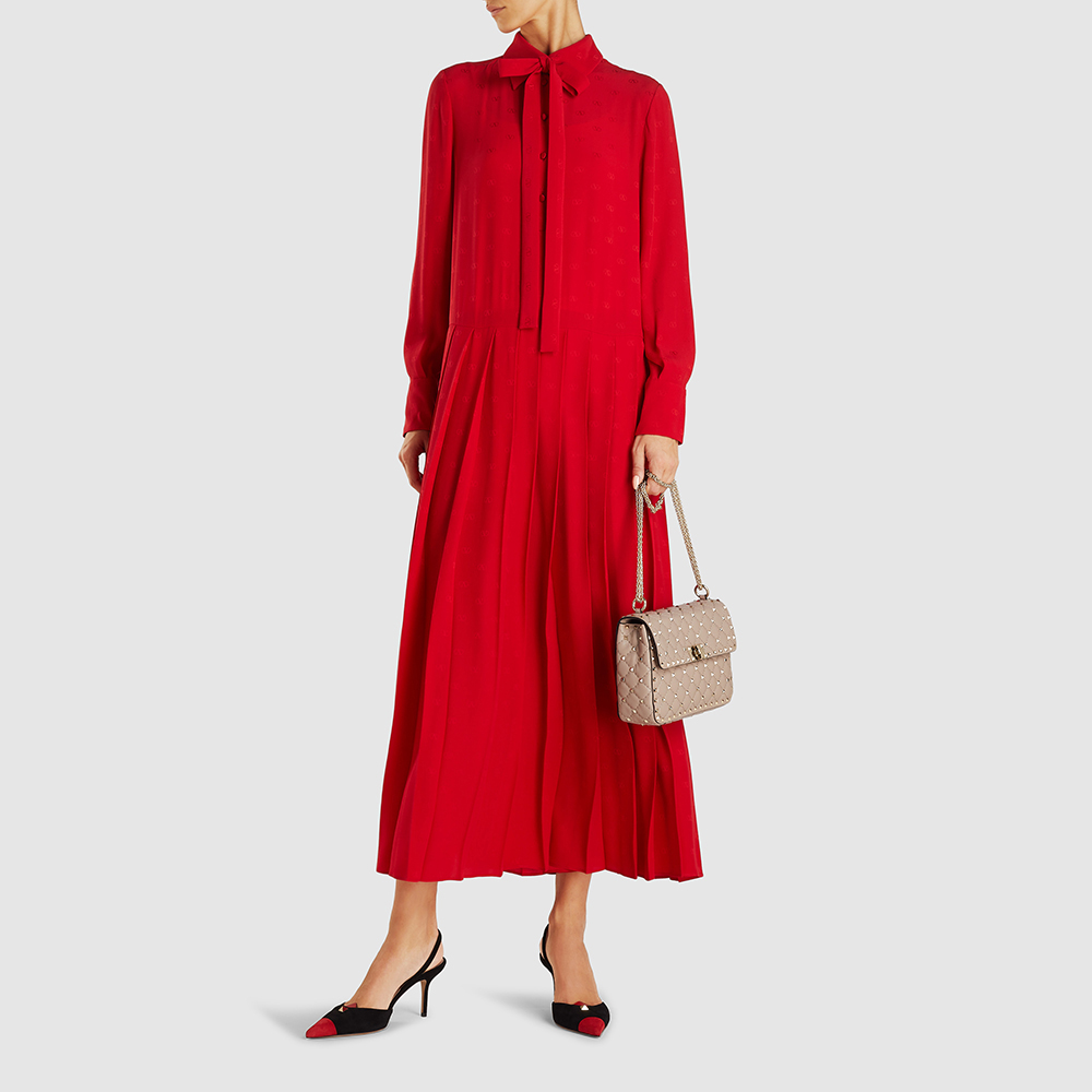 

Valentino Red Drop Waist Tie-Neck Silk Ankle-Length Dress Size IT 44