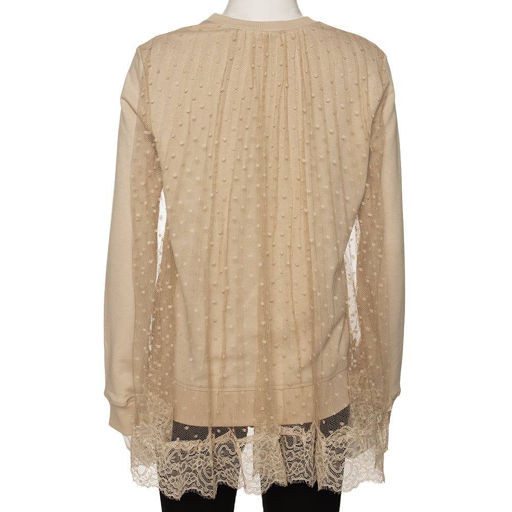 

RED Valentino Blush Pink Cotton Jersey with Tulle Detail Long Sleeve Sweater