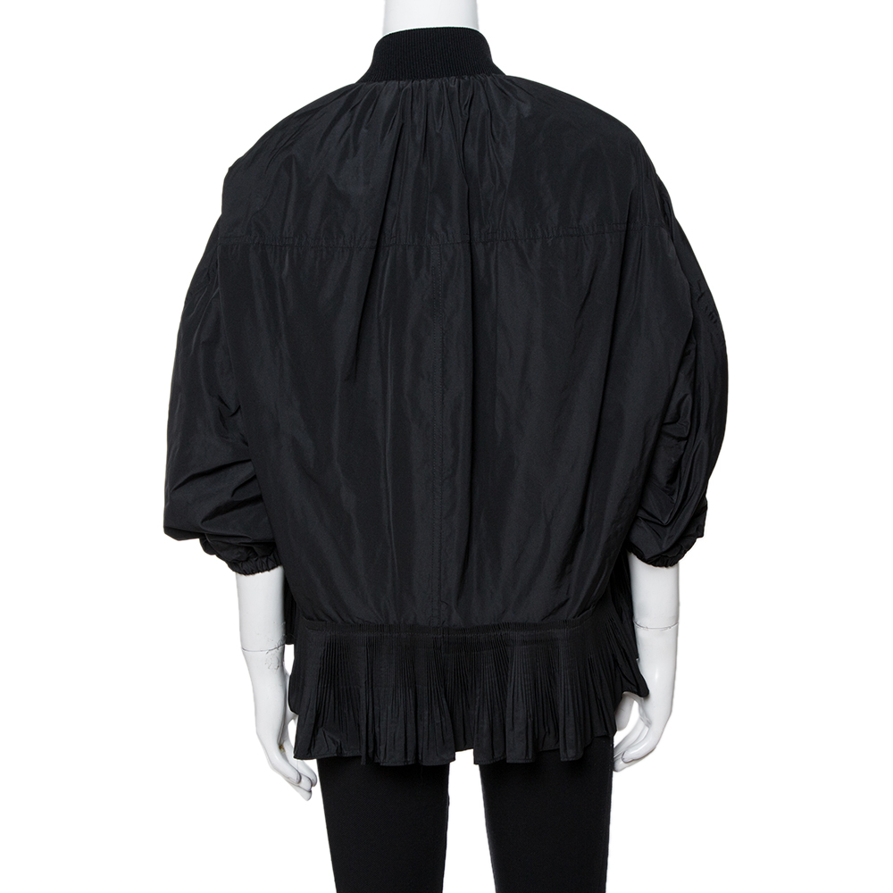 

RED Valentino Black Taffeta Pleated Flounce Zip Up Jacket