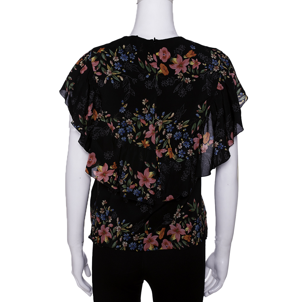 

RED Valentino Black Silk Floral Print Flounces Top Size