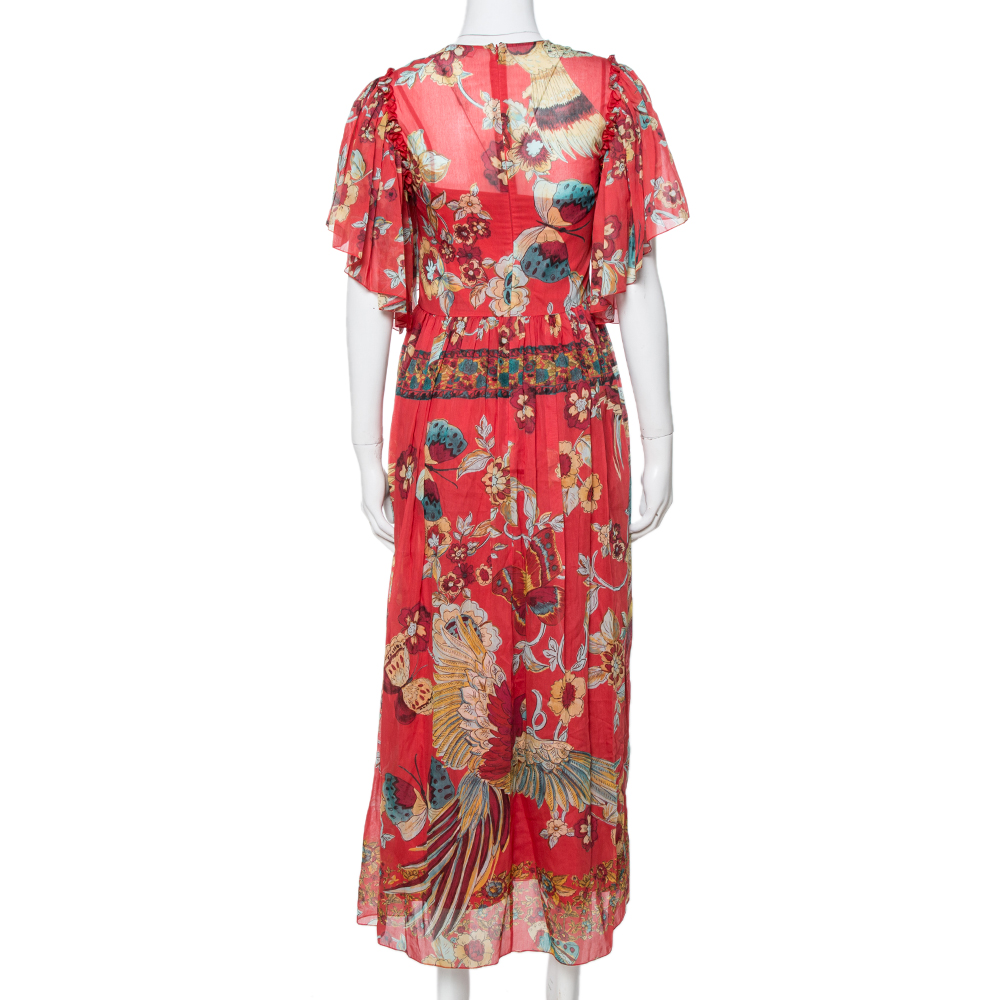 

RED Valentino Coral Red Cotton Silk Bird Of Paradise In The Forest Print Long Dress