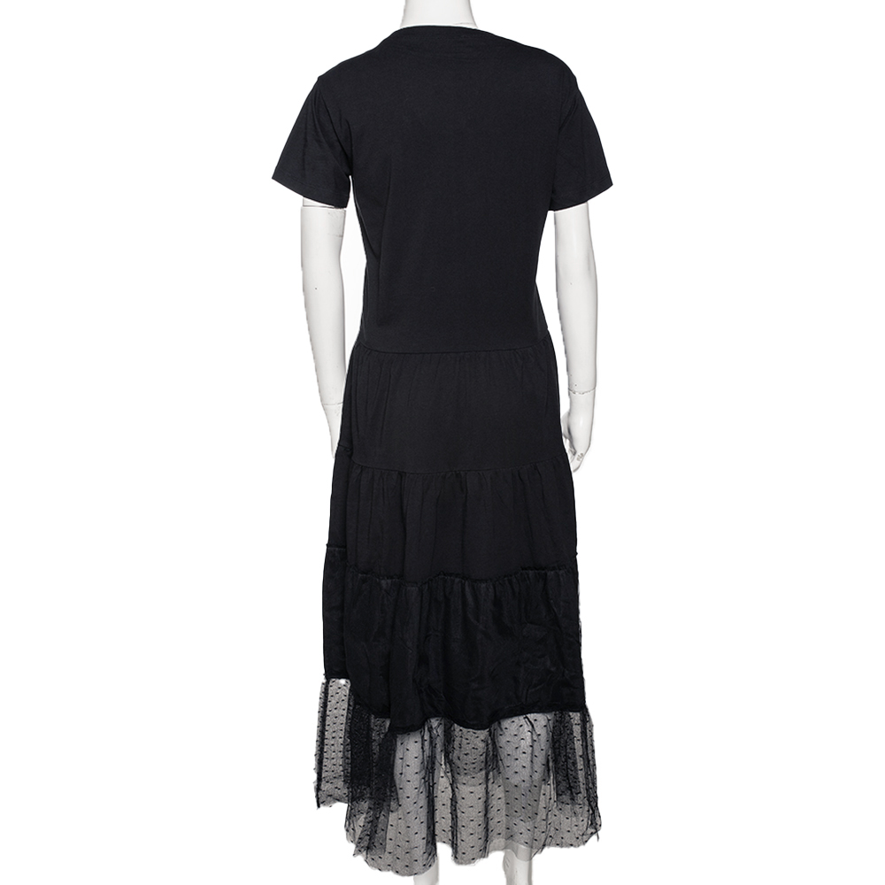 

RED Valentino Black Cotton Short Sleeve Tulle Frill Maxi Dress