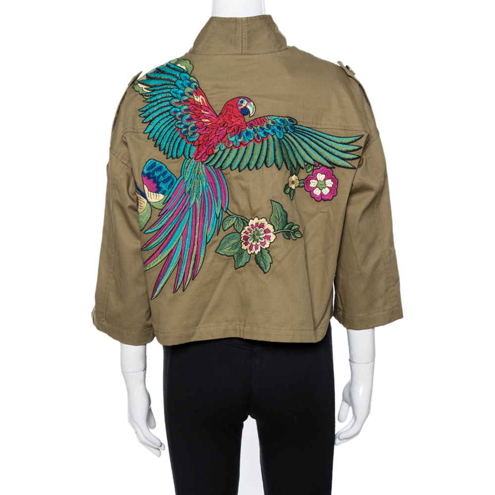 

RED Valentino Army Green Gabardine Bird Of Paradise In The Forest Embroidery Peacoat