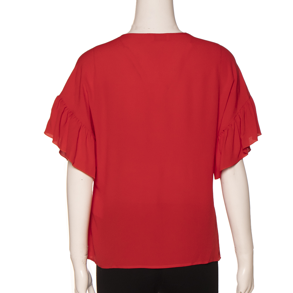 

RED Valentino Coral Red Silk Ruffled Sleeves Blouse