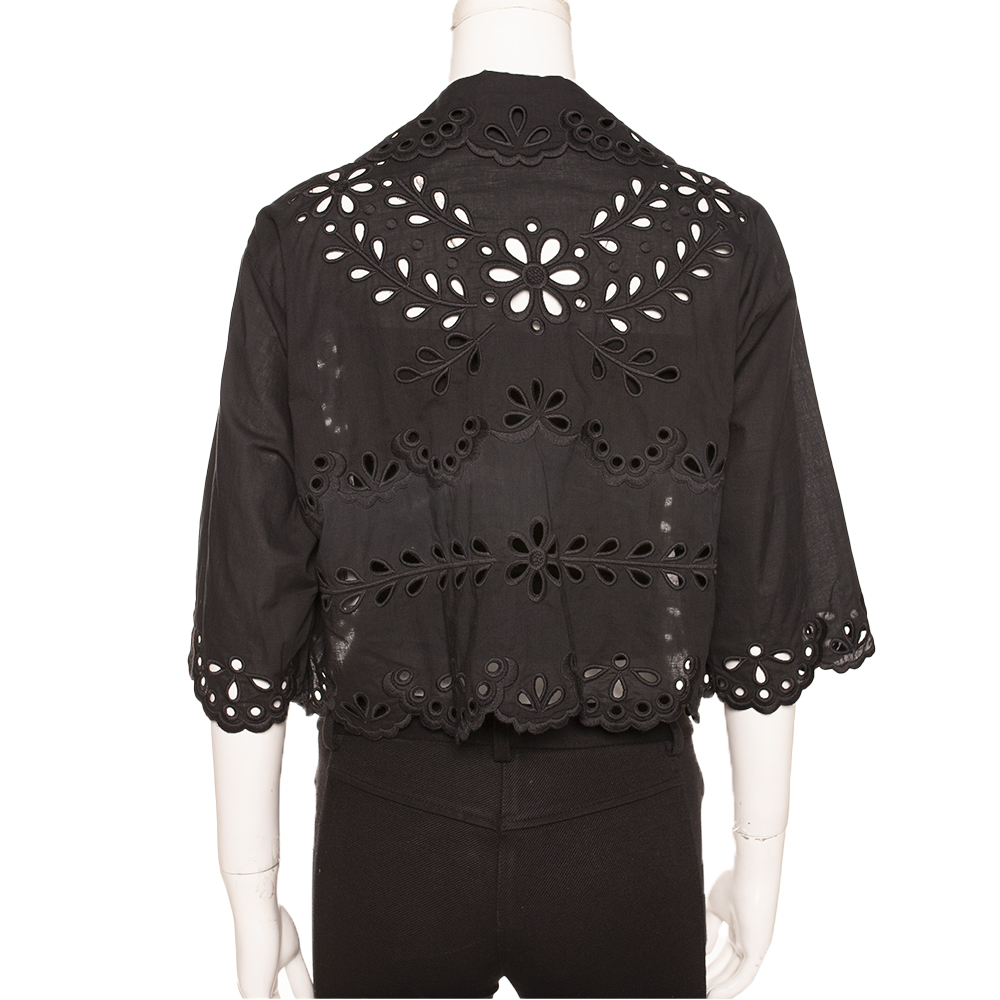 

RED Valentino Black Cotton Voile Sangallo Embroidered Crop Shirt Size