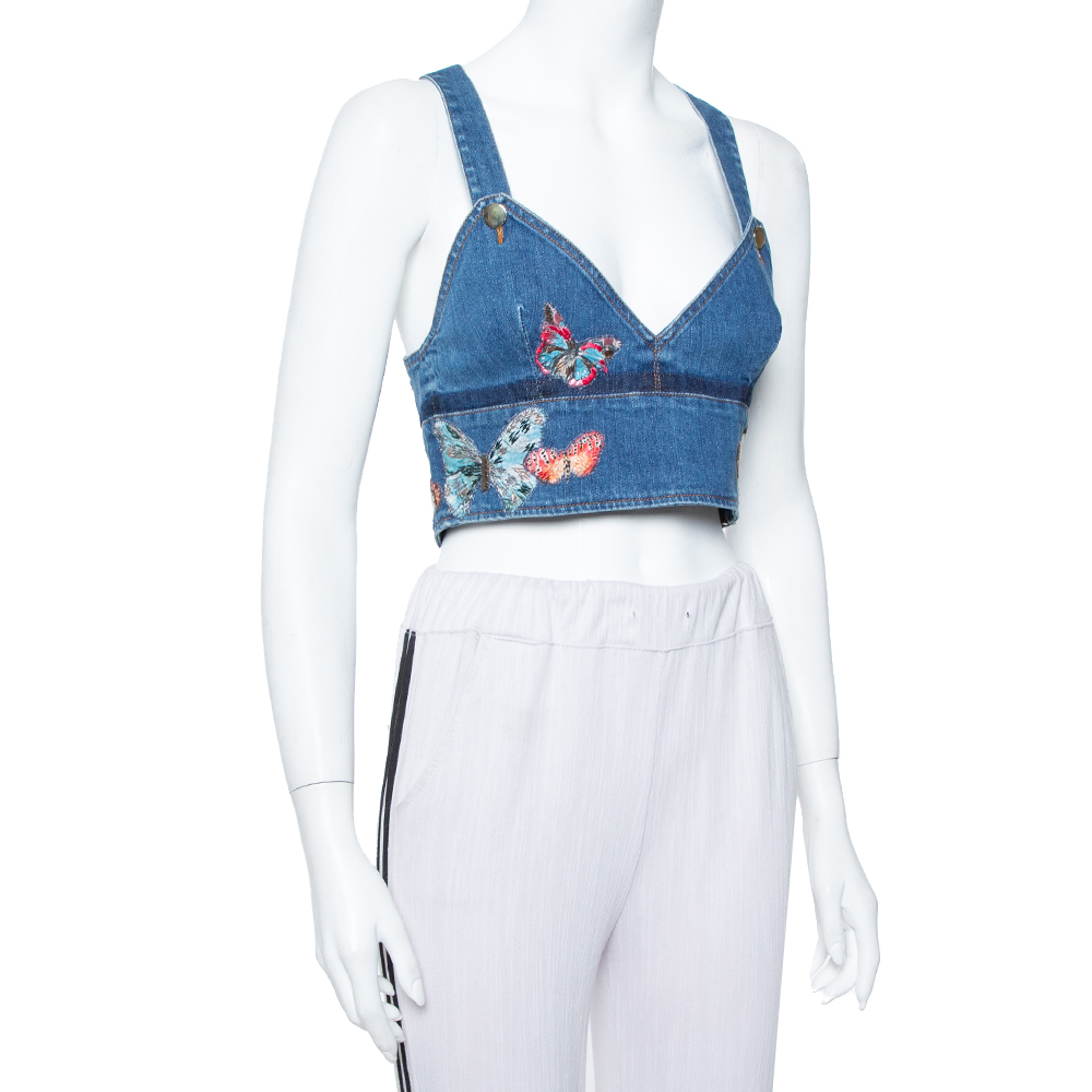 

Valentino Navy Blue Denim Butterfly Embroidered Dungaree Crop Top