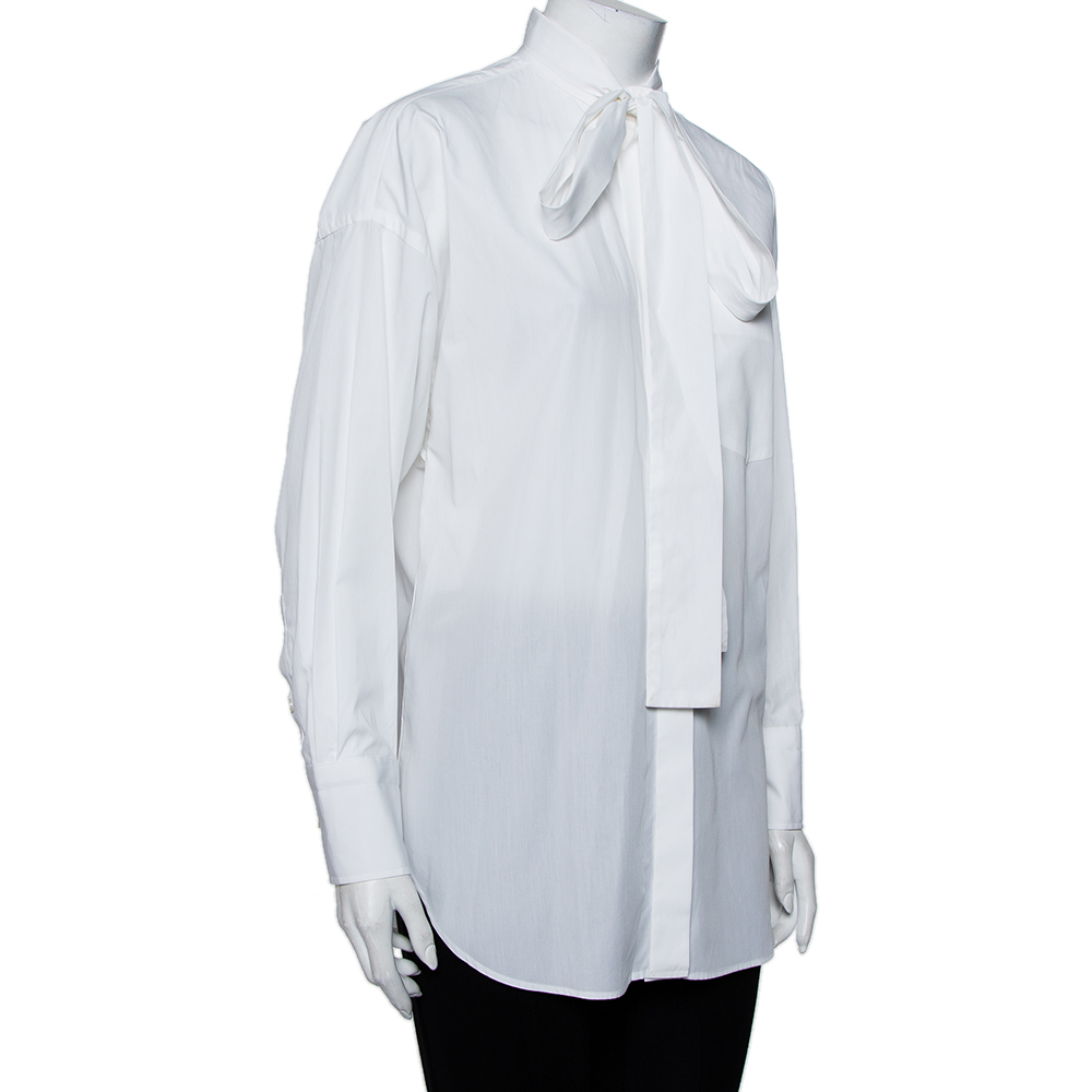 

Valentino White Cotton Neck Tie Detail Stand Collar Oversized Shirt