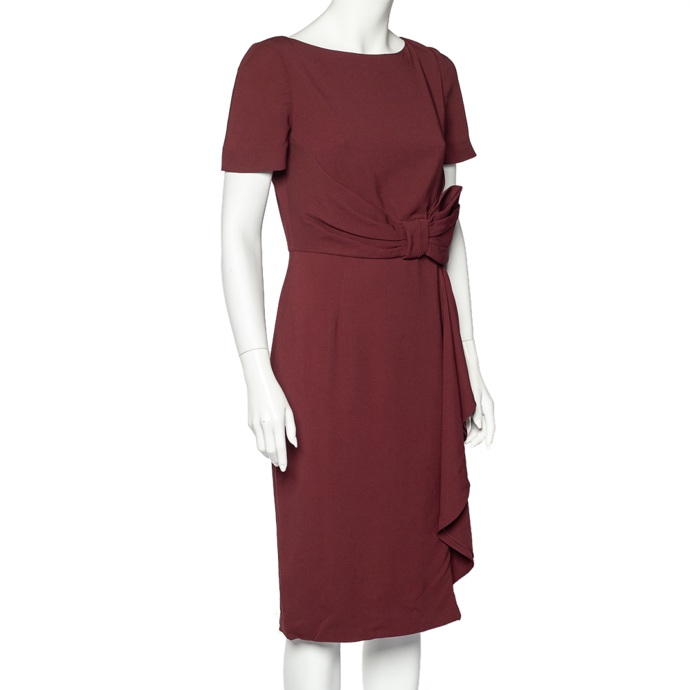 

Valentino Burgundy Crepe Gathered Bow Detail Midi Dress