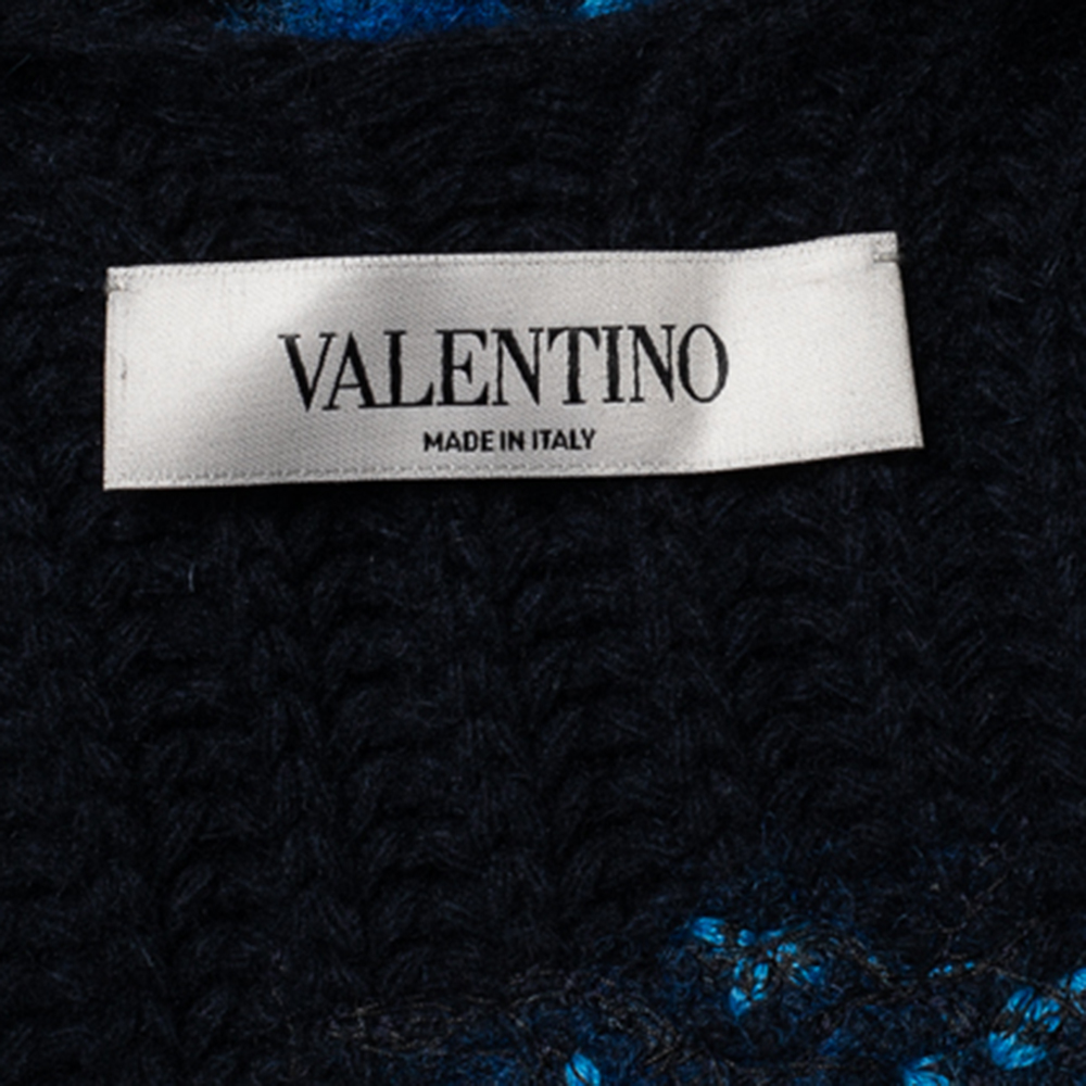

Valentino Navy Blue Wool & Cashmere Knit Floral Embroidered Poncho