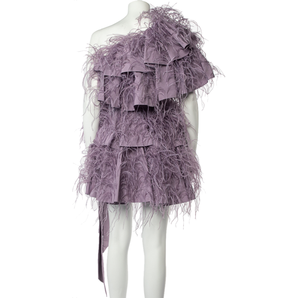 

Valentino Lilac Cotton Feather Embellished One Shoulder Belted Tiered Mini Dress, Purple