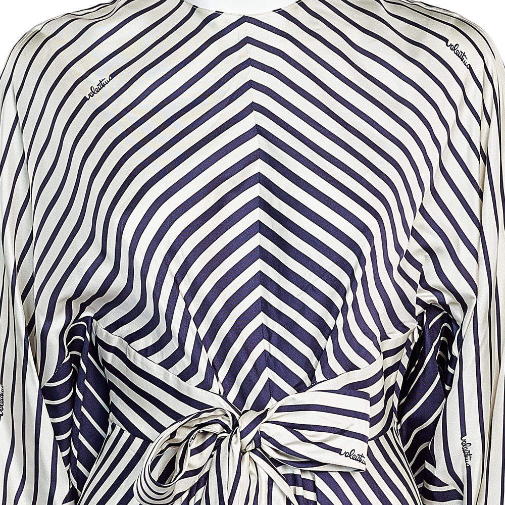 

Valentino Navy Blue Striped Logo Print Silk Tie Waist Midi Dress