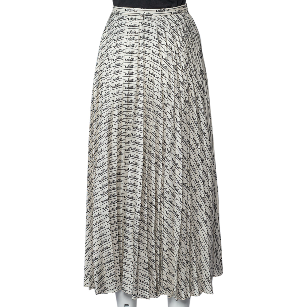

Valentino Beige Signature Logo Printed Silk Pleated Midi Skirt