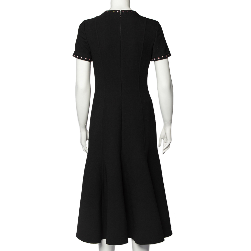 

Valentino Black Crepe Wool Crystal Detail Flared Midi Dress