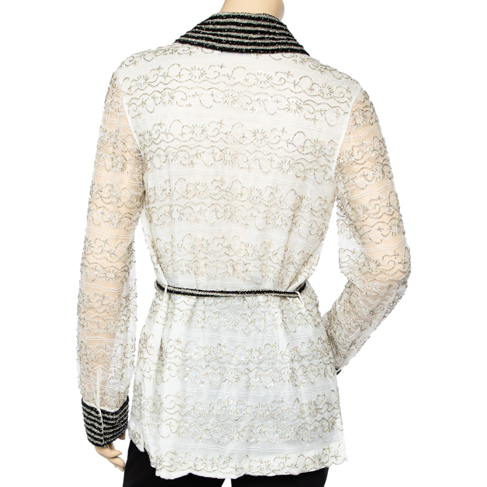 

Valentino White Embellished Tulle Button Front Belted Top