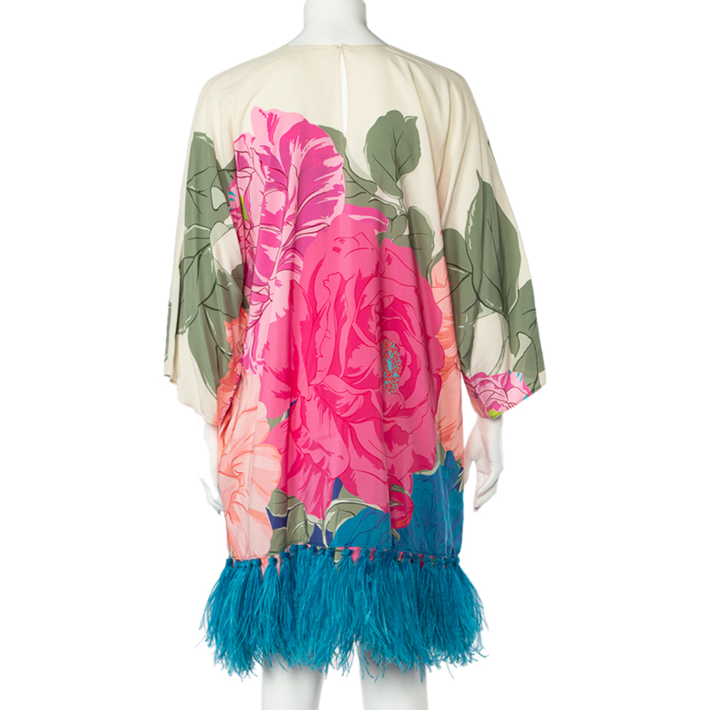 

Valentino Multicolor Floral Print Silk Ostrich Feather Trim Shift Dress
