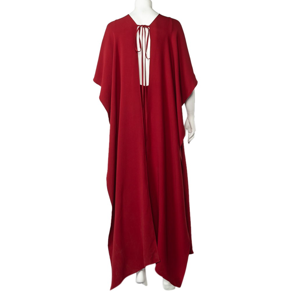 

Valentino Burgundy Silk Crepe Lace Trim V-Neck Cape Detail Maxi Dress